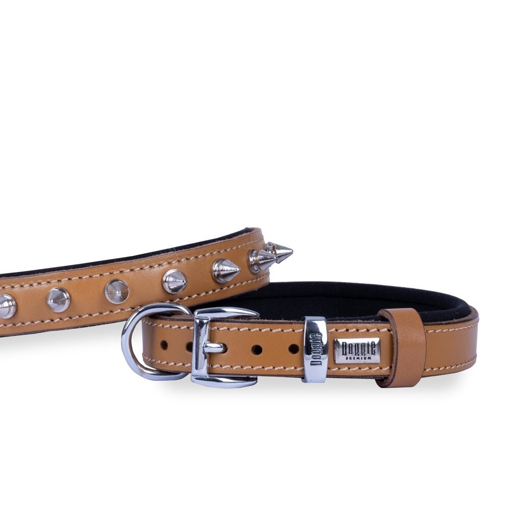 Doggie Konforlu Gerçek Deriden El Yapımı Çivili Köpek Boyun Tasması 2x30-35 Cm Camel