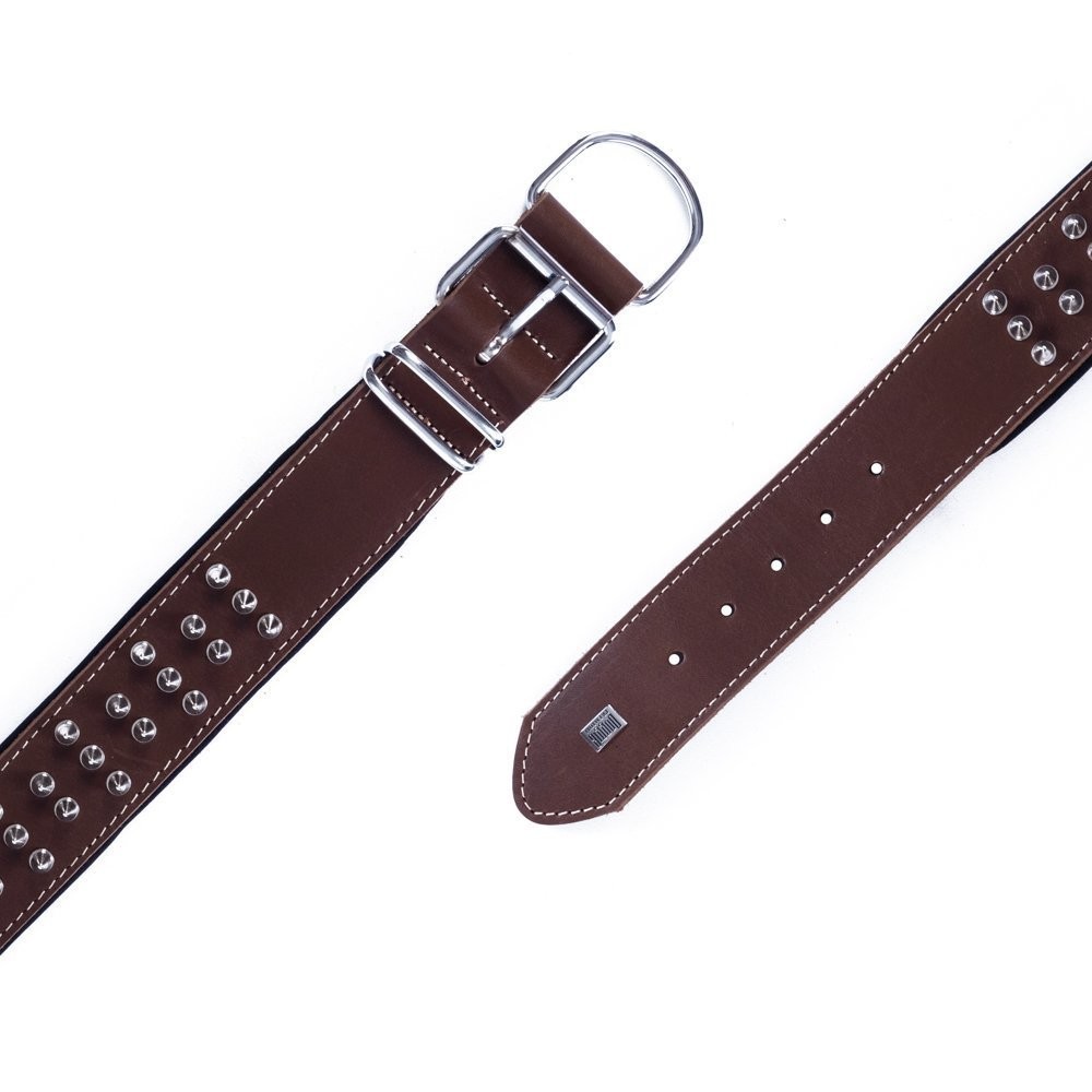 Doggie Çift Kat Gerçek Deriden El Yapımı Çivili Köpek Boyun Tasması 5x50-60 Cm Kahverengi