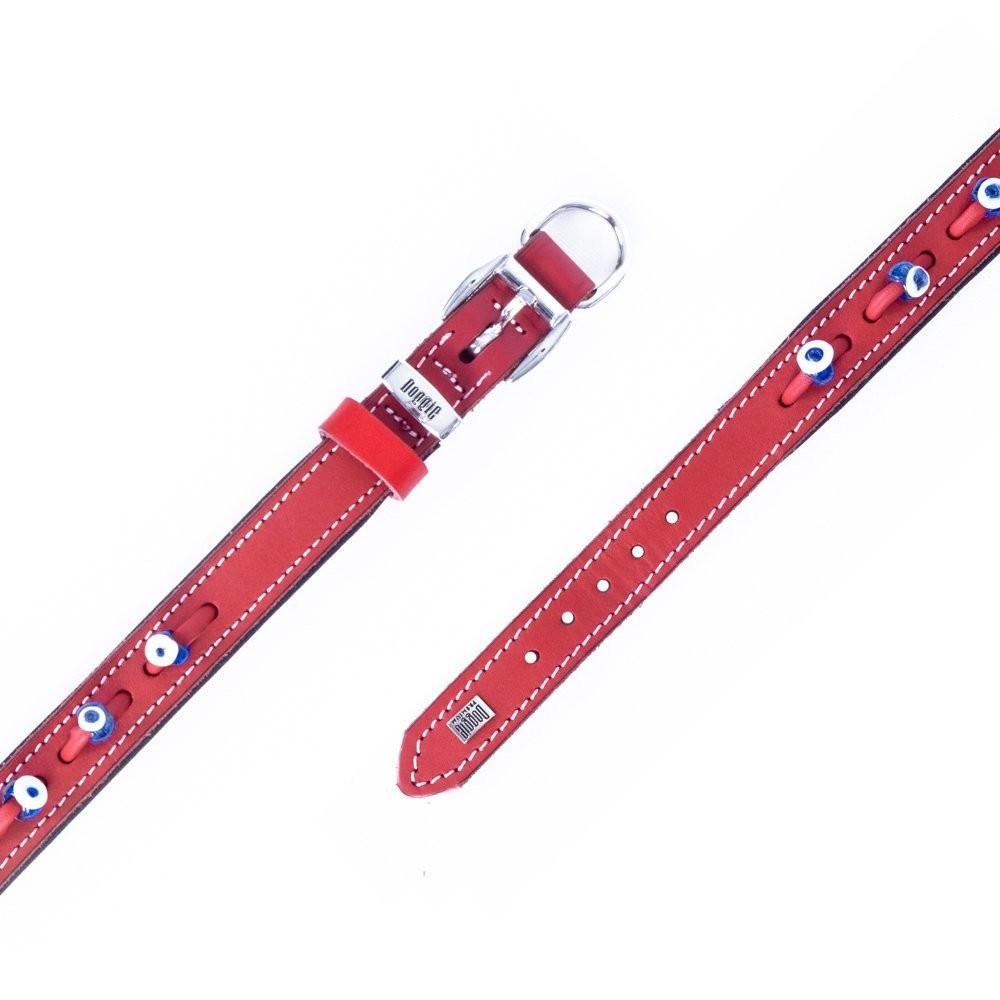 Doggie Konforlu Gerçek Deriden El Yapımı Nazar Boncuklu Köpek Boyun Tasması 2.5x37-45 Cm Kırmızı