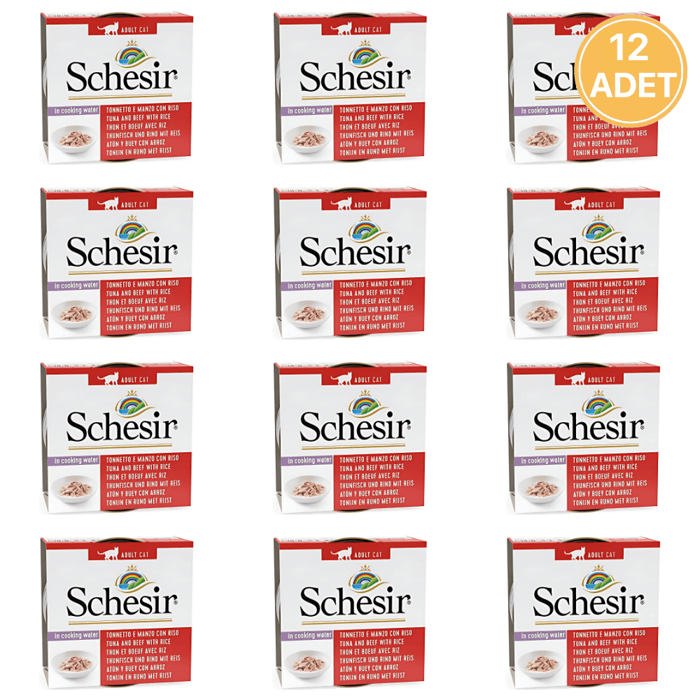 Schesir Suda Pişmiş Ton Balıklı Sığır Etli ve Pirinçli Yetişkin Kedi Konservesi 85 Gr (12 Adet)