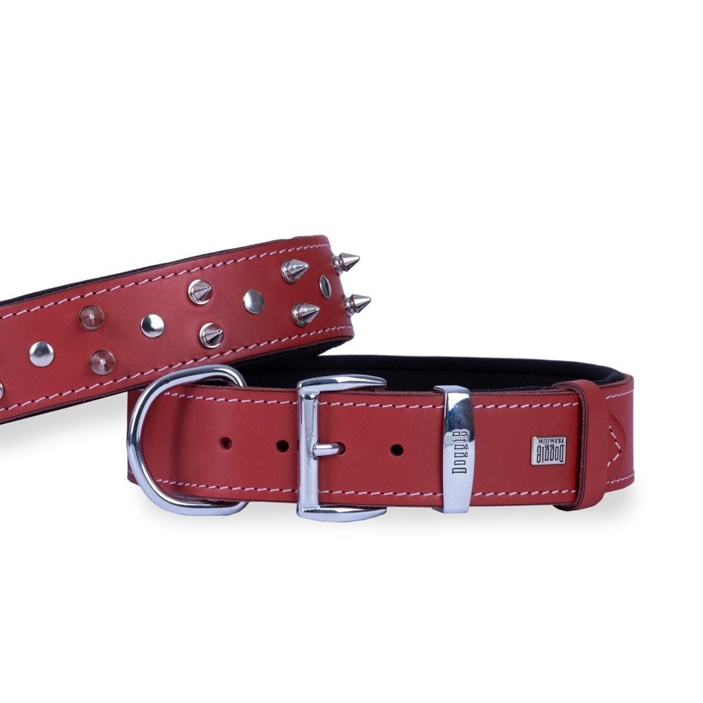 Doggie Konforlu Gerçek Deriden El Yapımı Çivili Köpek Boyun Tasması 4x57-65 Cm Kırmızı