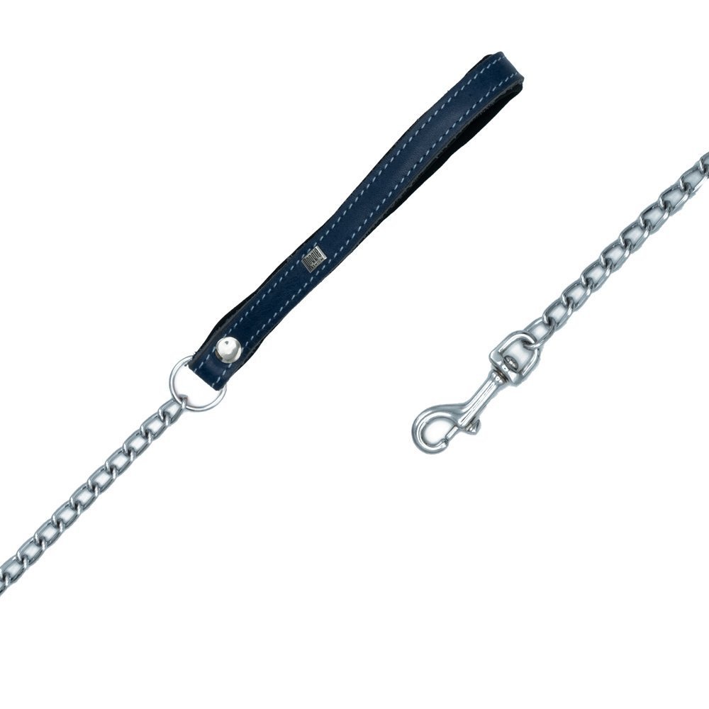 Doggie Konforlu Gerçek Deriden El Yapımı Zincirli Köpek Gezdirme Kayışı 2.5x110 Cm Royal Mavi