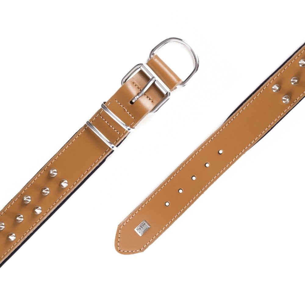Doggie Çift Kat Gerçek Deriden El Yapımı Çivili Köpek Boyun Tasması 4x47-55 Cm Camel
