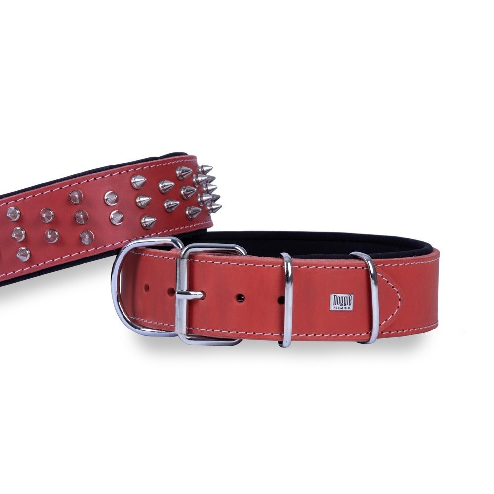 Doggie Çift Kat Gerçek Deriden El Yapımı Çivili Köpek Boyun Tasması 5x60-70 Cm Kırmızı