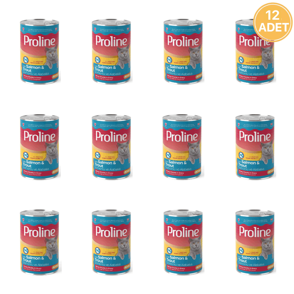 Proline Sos İçinde Et Parçacıklı Somonlu ve Alabalıklı Yetişkin Kedi Maması 400 Gr (12 Adet)
