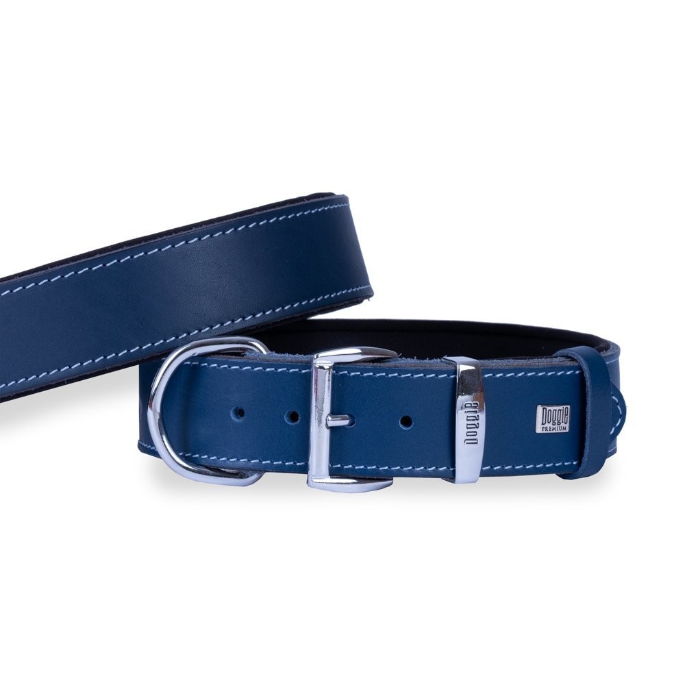 Doggie Konforlu Gerçek Deriden El Yapımı Köpek Boyun Tasması 4x47-55 Cm Royal Mavi