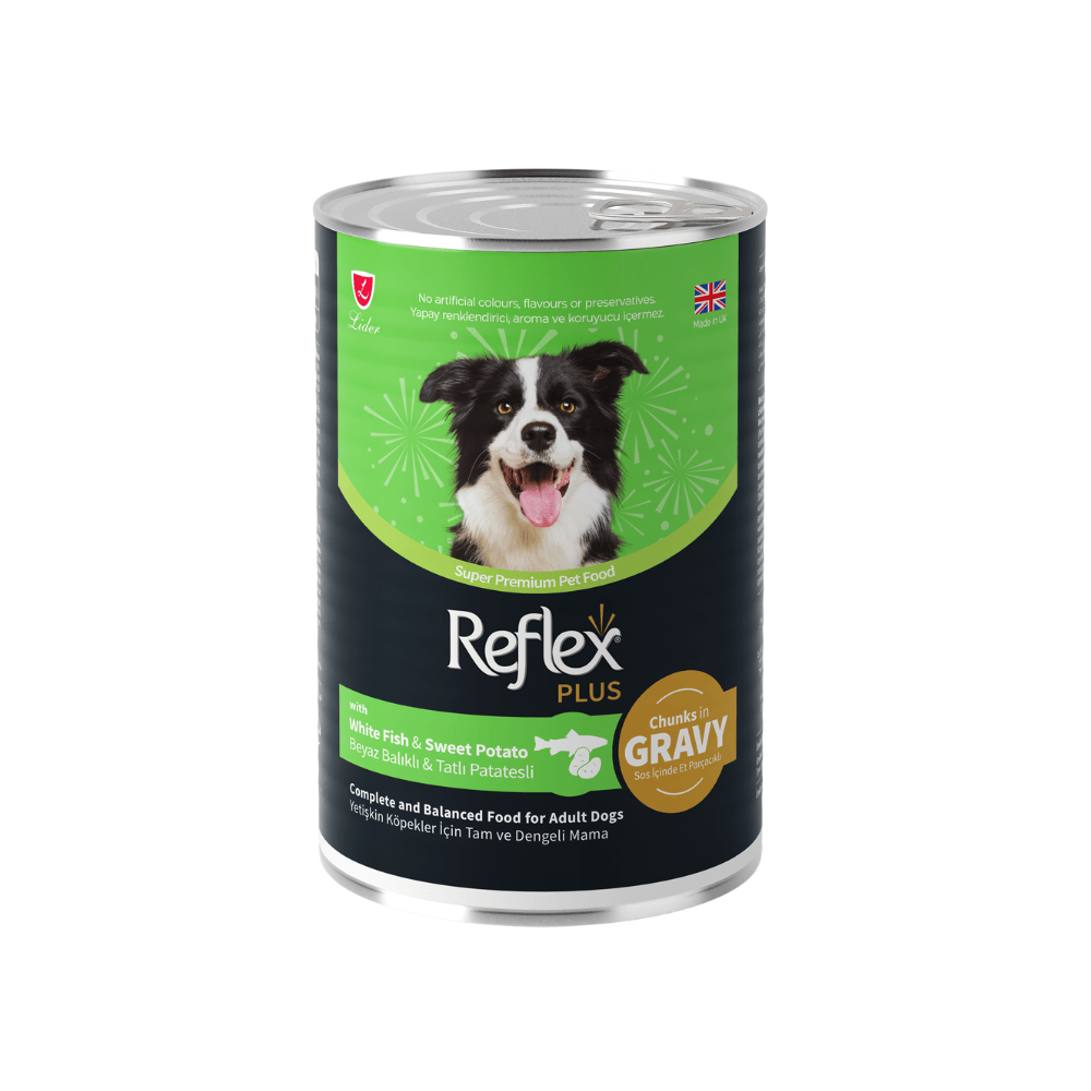 Reflex Plus Sos İçinde Et Parçacıklı Beyaz Balıklı ve Tatlı Patatesli Yetişkin Köpek Konservesi 400 Gr