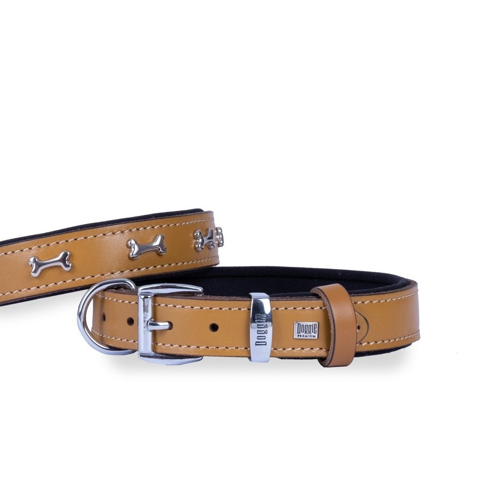 Doggie Konforlu Gerçek Deriden El Yapımı Kemik Süslü Köpek Boyun Tasması 3x42-50 Cm Camel