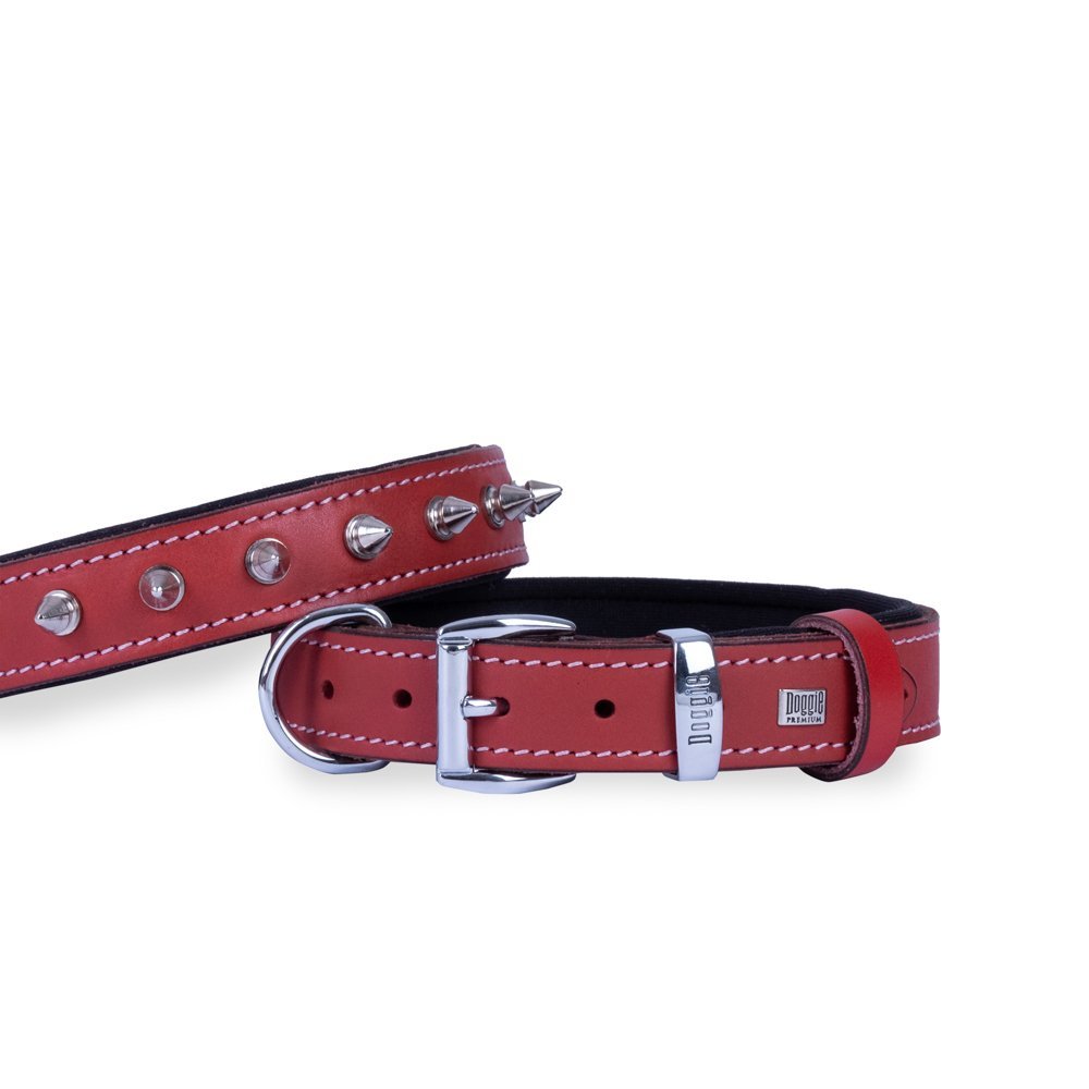 Doggie Konforlu Gerçek Deriden El Yapımı Çivili Köpek Boyun Tasması 3x42-50 Cm Kırmızı