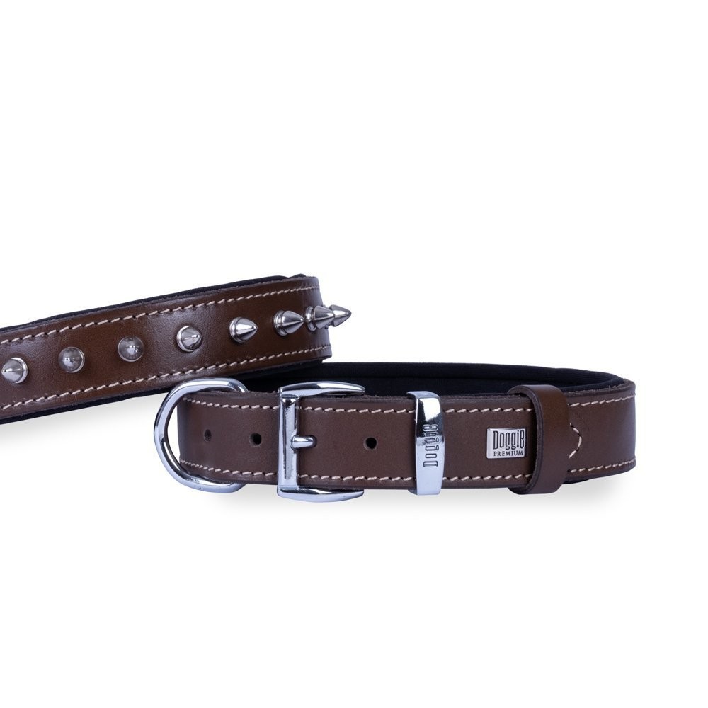 Doggie Konforlu Gerçek Deriden El Yapımı Çivili Köpek Boyun Tasması 2.5x37-45 Cm Kahverengi