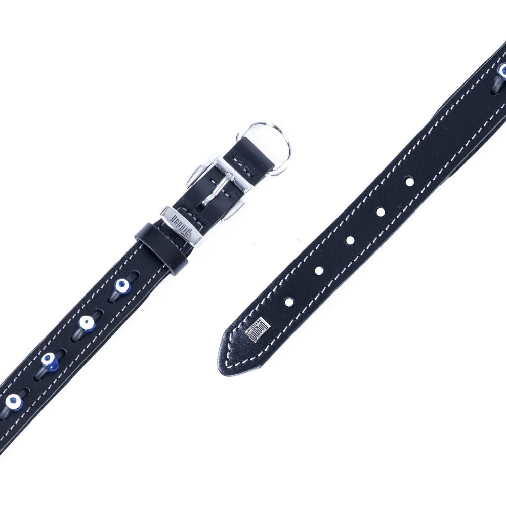 Doggie Konforlu Gerçek Deriden El Yapımı Nazar Boncuklu Köpek Boyun Tasması 2.5x37-45 Cm Siyah