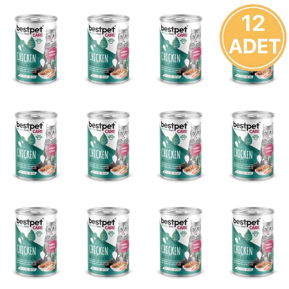 Bestpet Tüy Yumağı Kontrolü Sağlayan Tavuk Eti Parçalı ve Soslu Yetişkin Kedi Konservesi 400 Gr (12 Adet)