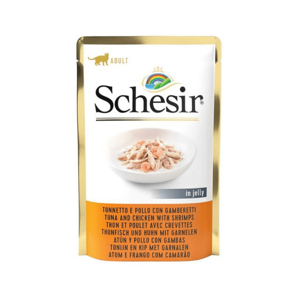 Schesir Jöle Içersinde Ton Balık Tavuk ve Karidesli Yetişkin Kedi Konservesi 85 Gr (12 Adet)