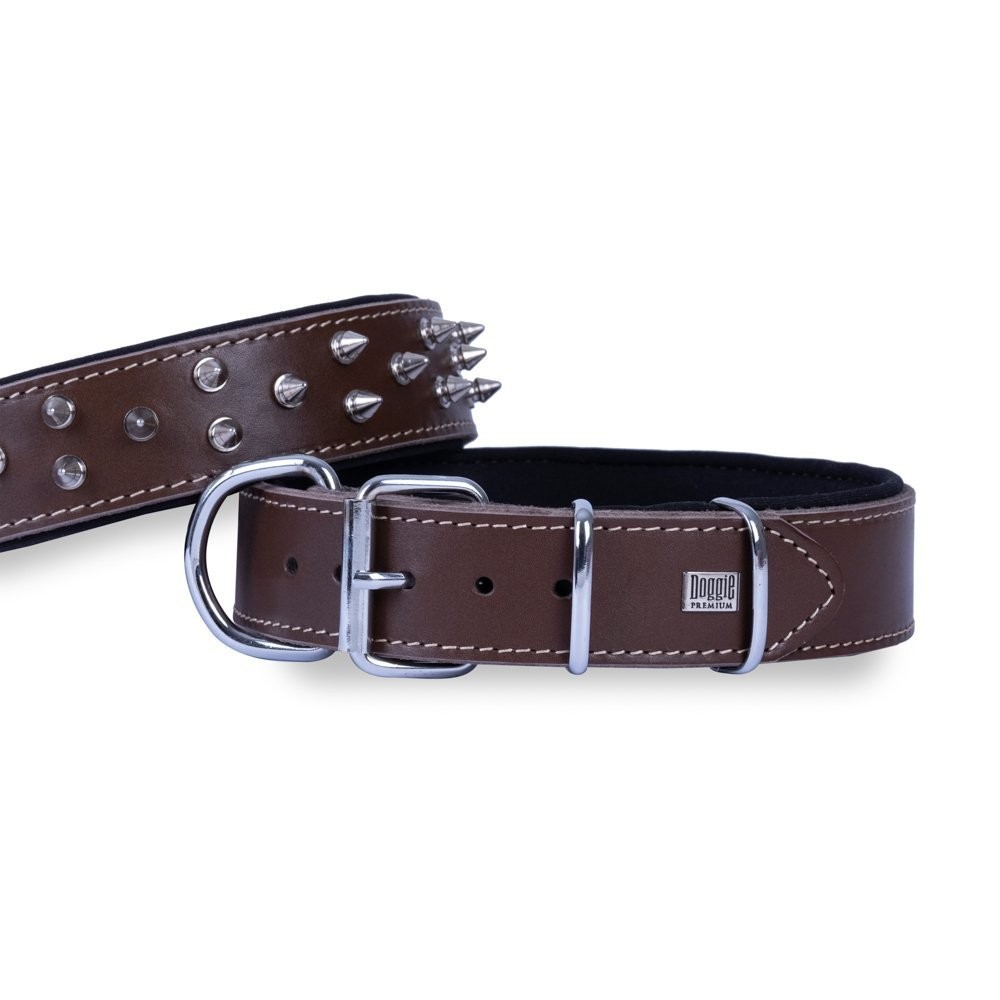 Doggie Çift Kat Gerçek Deriden El Yapımı Çivili Köpek Boyun Tasması 4x57-65 Cm Kahverengi