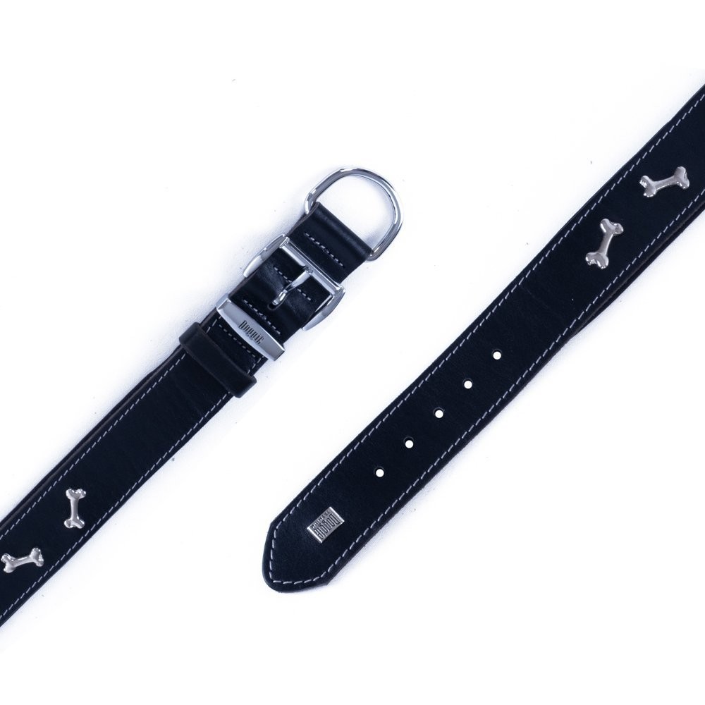 Doggie Konforlu Gerçek Deriden El Yapımı Kemik Süslü Köpek Boyun Tasması 4x52-60 Cm Siyah