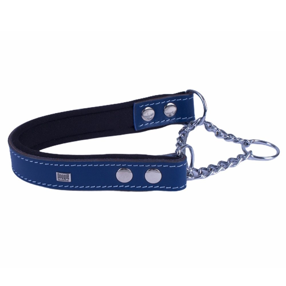 Doggie Konforlu Gerçek Deriden El Yapımı Boğma Zincirli Köpek Boyun Tasması 2.5x40-50 Cm Royal Mavi