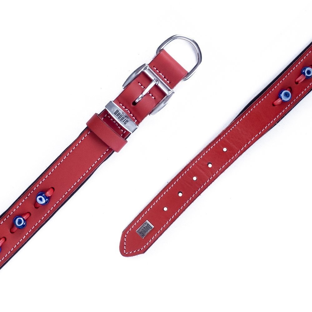 Doggie Konforlu Gerçek Deriden El Yapımı Nazar Boncuklu Köpek Boyun Tasması 3x42-50 Cm Kırmızı