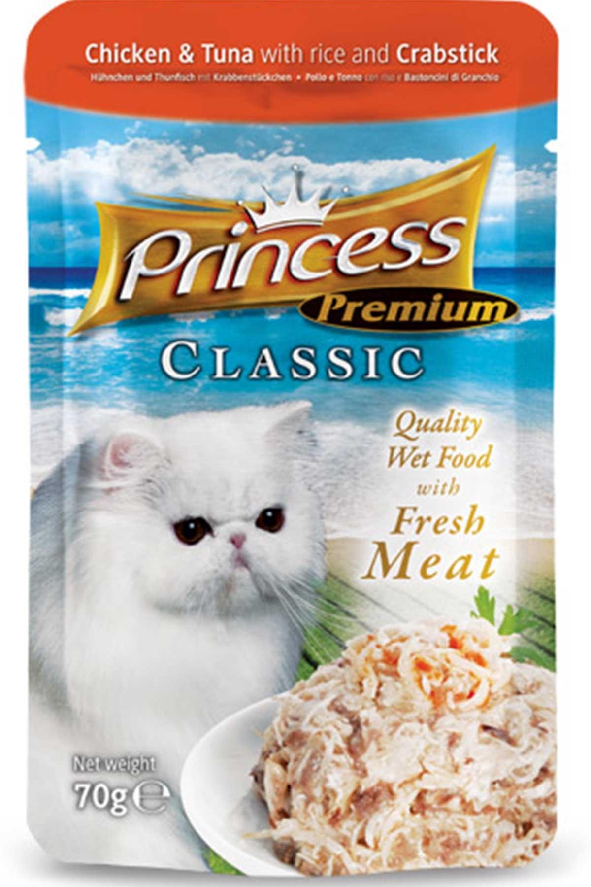 Princess Classic Pouch Tavuk Etli Ton Balıklı Yengeçli ve Pirinçli Yetişkin Kedi Konservesi 70 Gr