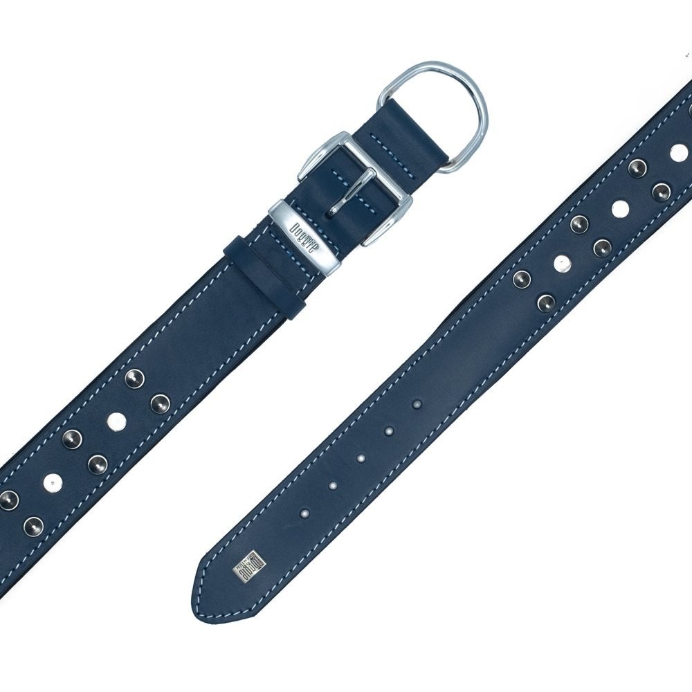 Doggie Konforlu Gerçek Deriden El Yapımı Çivili Köpek Boyun Tasması 4x52-60 Cm Royal Mavi
