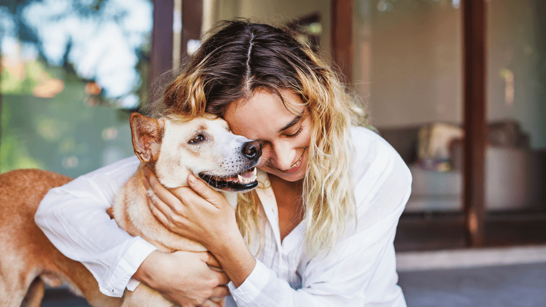 Kadın evcil köpeğine sarılıyor.