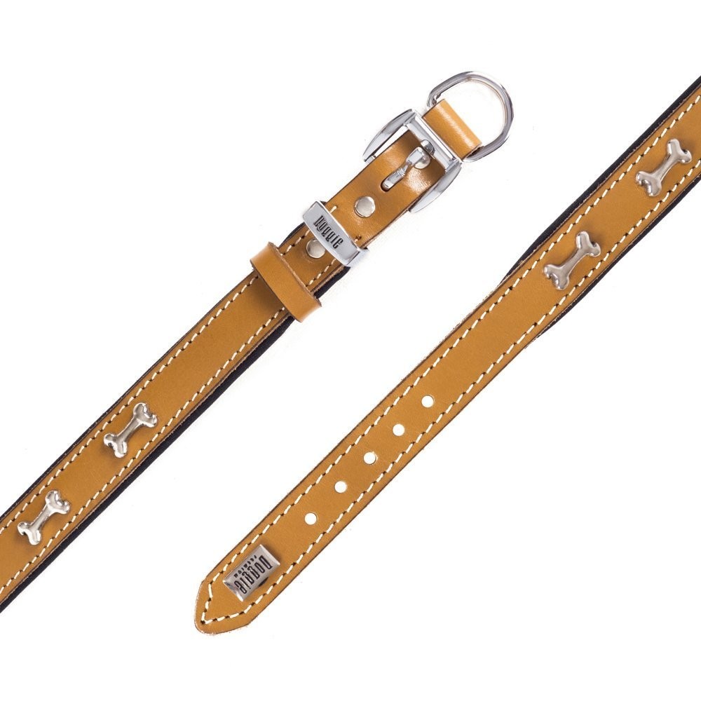 Doggie Konforlu Gerçek Deriden El Yapımı Kemik Süslü Köpek Boyun Tasması 2x35-40 Cm Camel