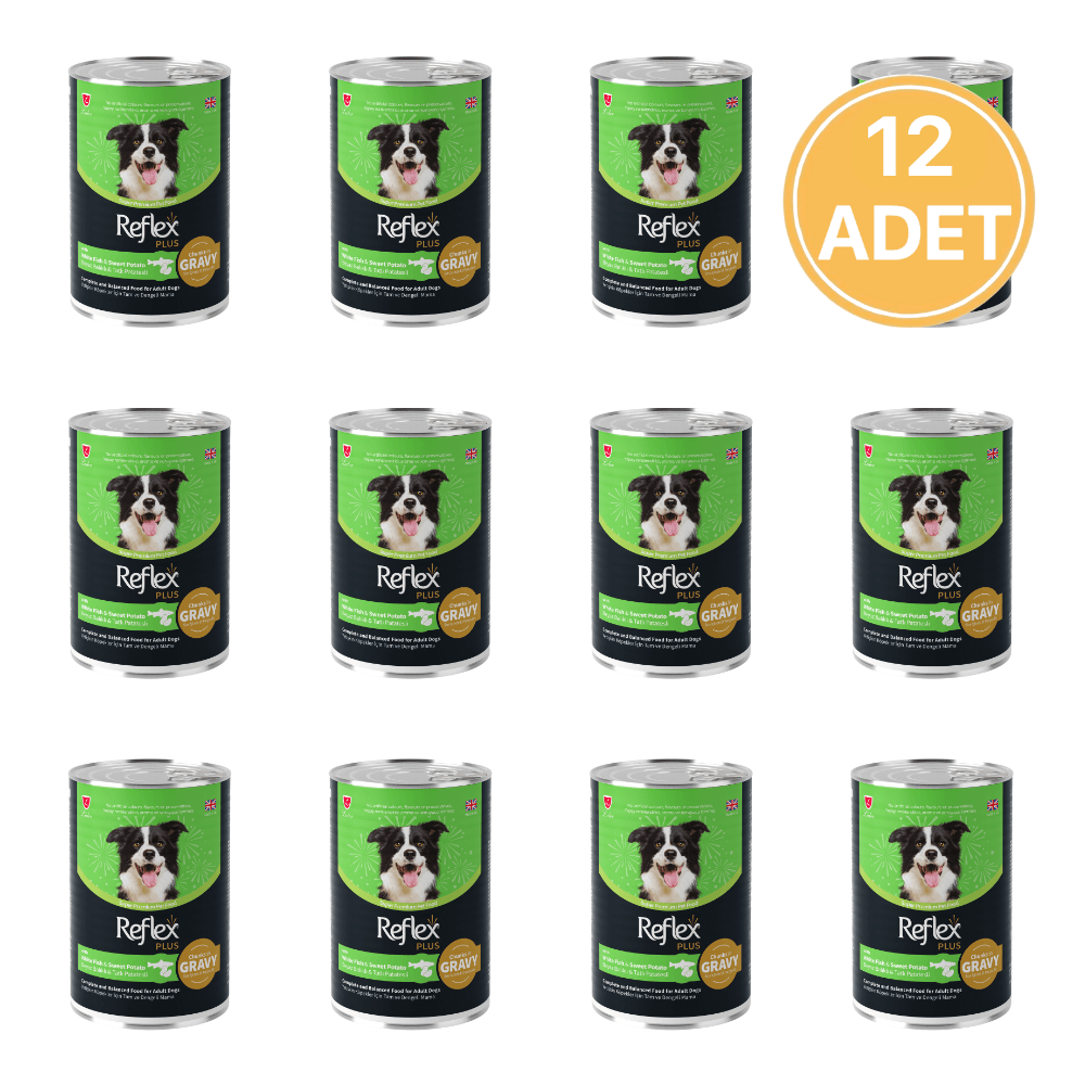 Reflex Plus Sos İçinde Et Parçacıklı Beyaz Balıklı ve Tatlı Patatesli Yetişkin Köpek Konservesi 400 Gr (12 Adet)