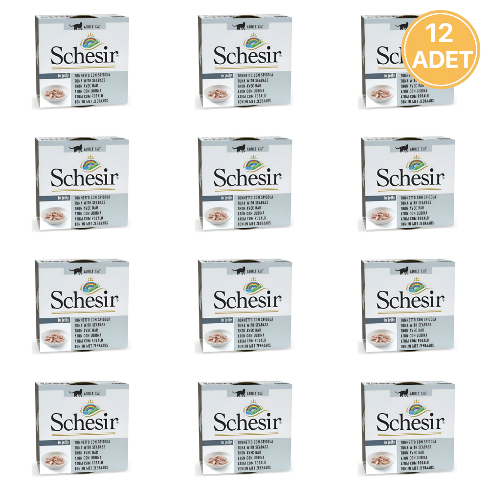 Schesir Jöle İçinde Ton Balıklı ve Levrekli Yetişkin Kedi Konservesi 85 Gr (12 Adet)
