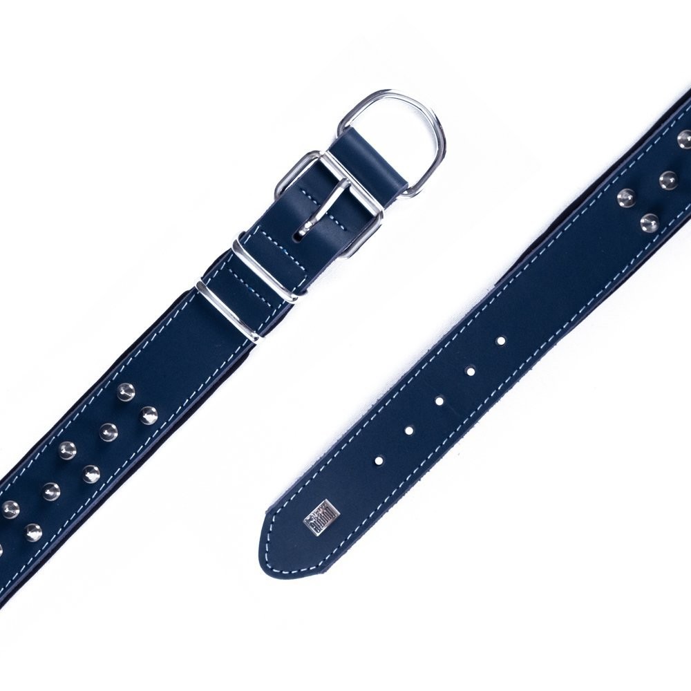 Doggie Çift Kat Gerçek Deriden El Yapımı Çivili Köpek Boyun Tasması 4x47-55 Cm Royal Mavi