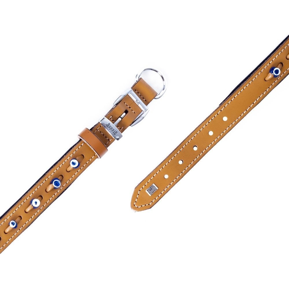 Doggie Konforlu Gerçek Deriden El Yapımı Nazar Boncuklu Köpek Boyun Tasması 2x30-35 Cm Camel