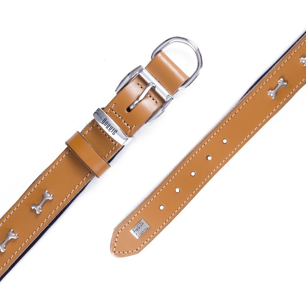 Doggie Konforlu Gerçek Deriden El Yapımı Kemik Süslü Köpek Boyun Tasması 3x42-50 Cm Camel