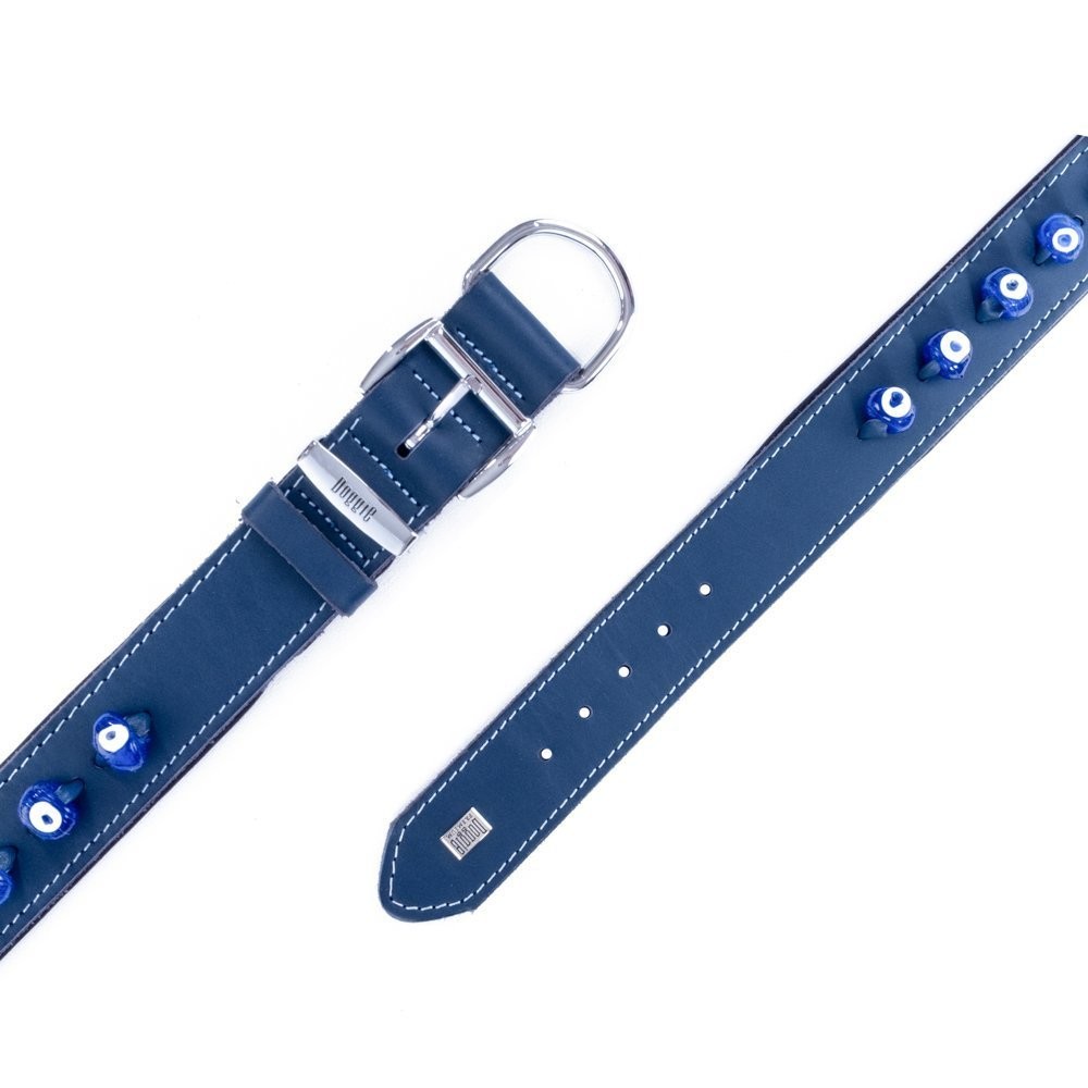 Doggie Konforlu Gerçek Deriden El Yapımı Nazar Boncuklu Köpek Boyun Tasması 3.5x47-55 Cm Royal Mavi