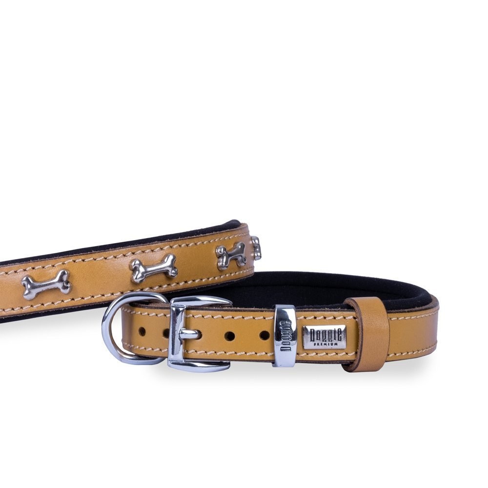 Doggie Konforlu Gerçek Deriden El Yapımı Kemik Süslü Köpek Boyun Tasması 2x35-40 Cm Camel