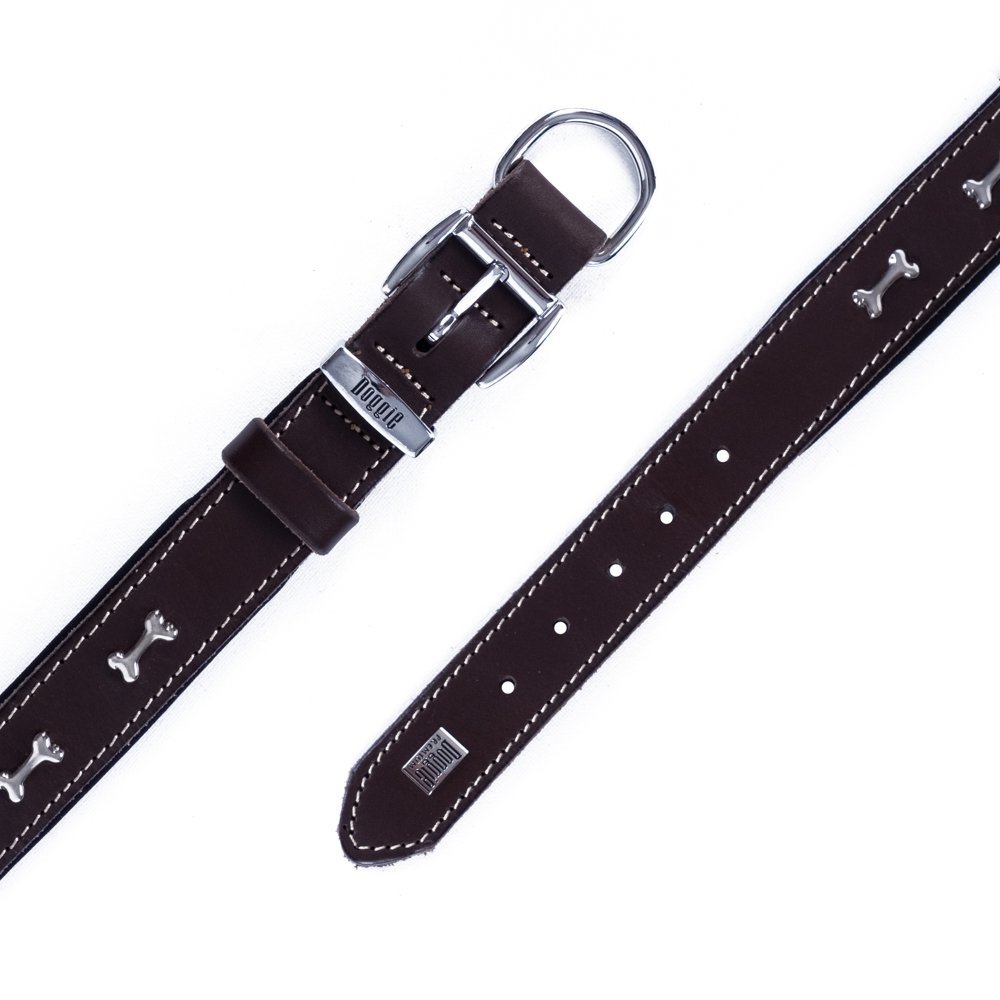 Doggie Konforlu Gerçek Deriden El Yapımı Kemik Süslü Köpek Boyun Tasması 3x42-50 Cm Kahverengi