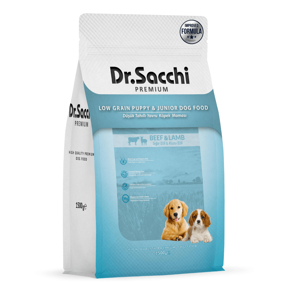 Dr.Sacchi Premium Düşük Tahıllı Sığır Etli ve Kuzu Etli Düşük Tahıllı Yavru Köpek Mamas 1,5 Kg