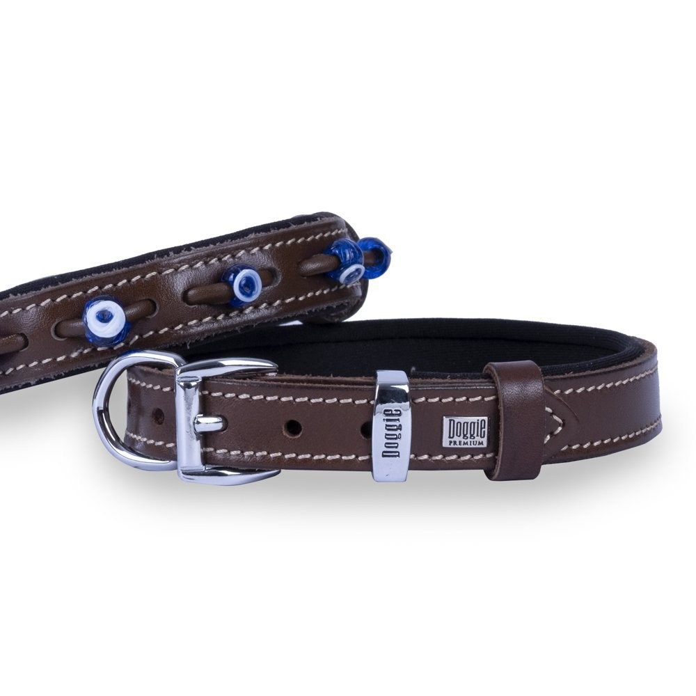 Doggie Konforlu Gerçek Deriden El Yapımı Nazar Boncuklu Köpek Boyun Tasması 2x30-35 Cm Kahverengi