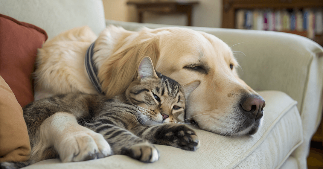 köpek ve kedi dostluğu, evcil hayvanlar birlikte uyuyor, kedi ve köpek uyurken fotoğraf