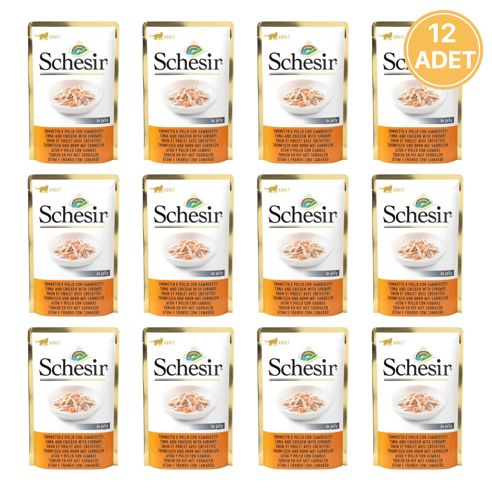 Schesir Jöle Içersinde Ton Balık Tavuk ve Karidesli Yetişkin Kedi Konservesi 85 Gr (12 Adet)