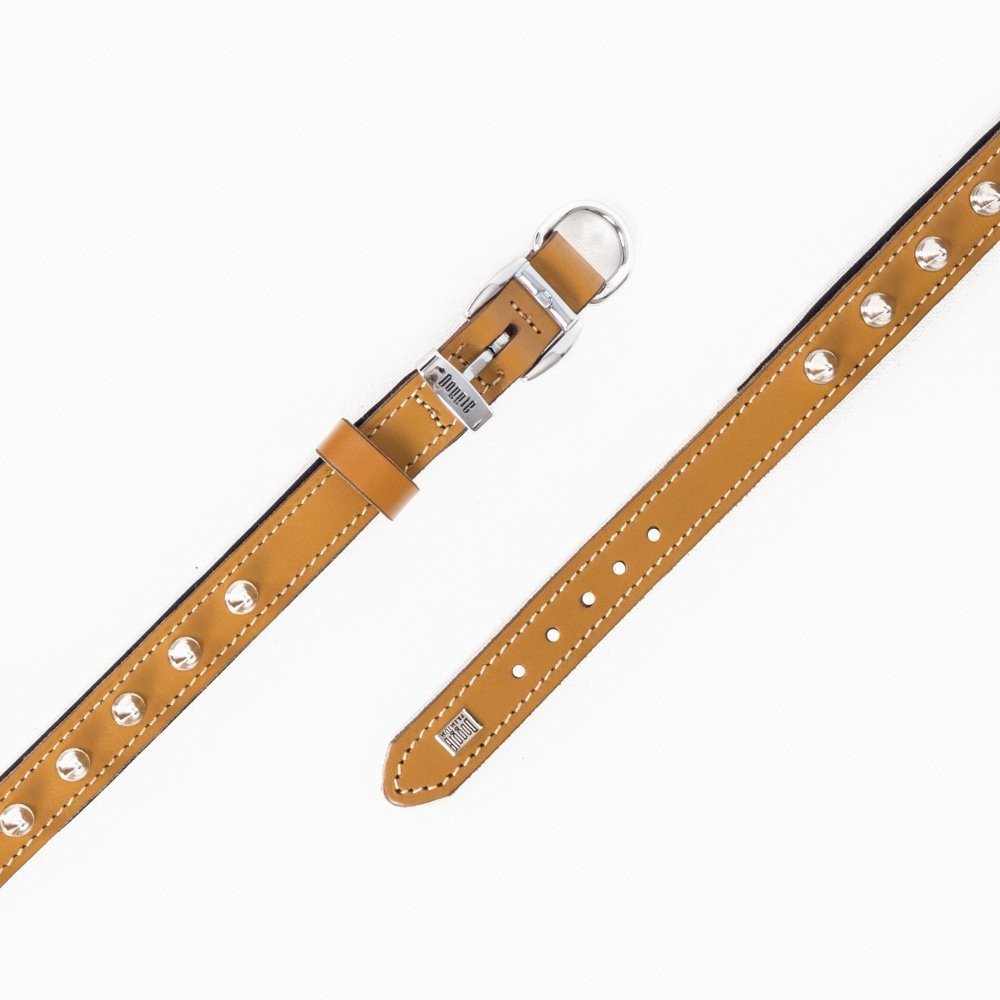Doggie Konforlu Gerçek Deriden El Yapımı Çivili Köpek Boyun Tasması 2.5x37-45 Cm Camel