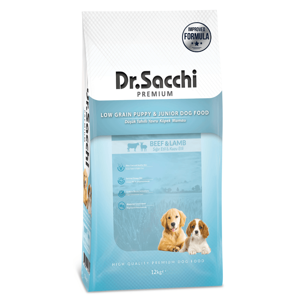 Dr.Sacchi Premium Düşük Tahıllı Sığır Etli ve Kuzu Etli Yavru Köpek Maması 12 Kg