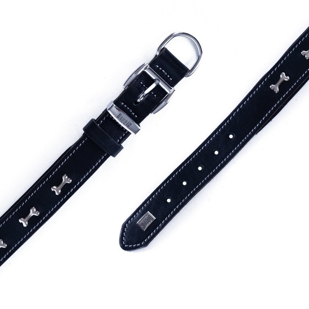 Doggie Konforlu Gerçek Deriden El Yapımı Kemik Süslü Köpek Boyun Tasması 3.5x47-55 Cm Siyah