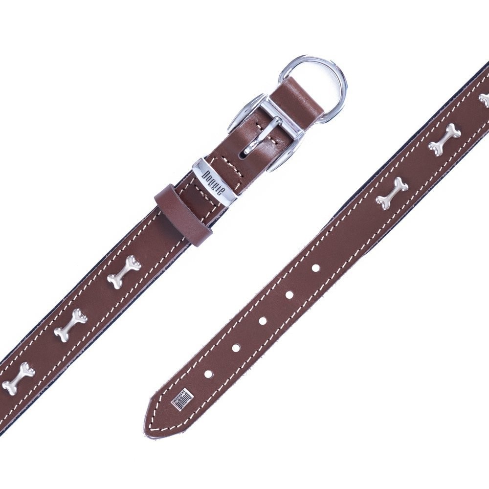 Doggie Konforlu Gerçek Deriden El Yapımı Kemik Süslü Köpek Boyun Tasması 2.5x37-45 Cm Kahverengi