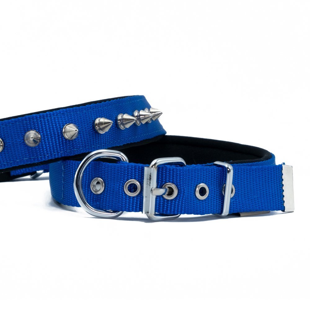 Doggie Konforlu Dokumadan El Yapımı Çivili Köpek Boyun Tasması 2.5x37-45 Cm Royal Mavi