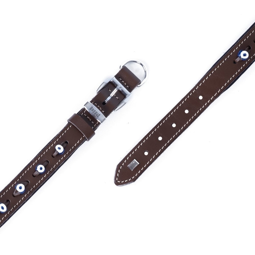 Doggie Konforlu Gerçek Deriden El Yapımı Nazar Boncuklu Köpek Boyun Tasması 2.5x37-45 Cm Kahverengi
