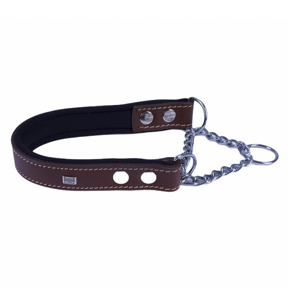 Doggie Konforlu Gerçek Deriden El Yapımı Boğma Zincirli Köpek Boyun Tasması 2.5x40-50 Cm Kahverengi