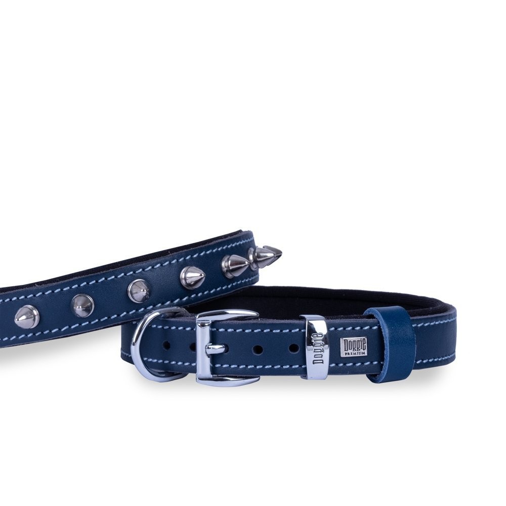 Doggie Konforlu Gerçek Deriden El Yapımı Çivili Köpek Boyun Tasması 2x30-35 Cm Royal Mavi