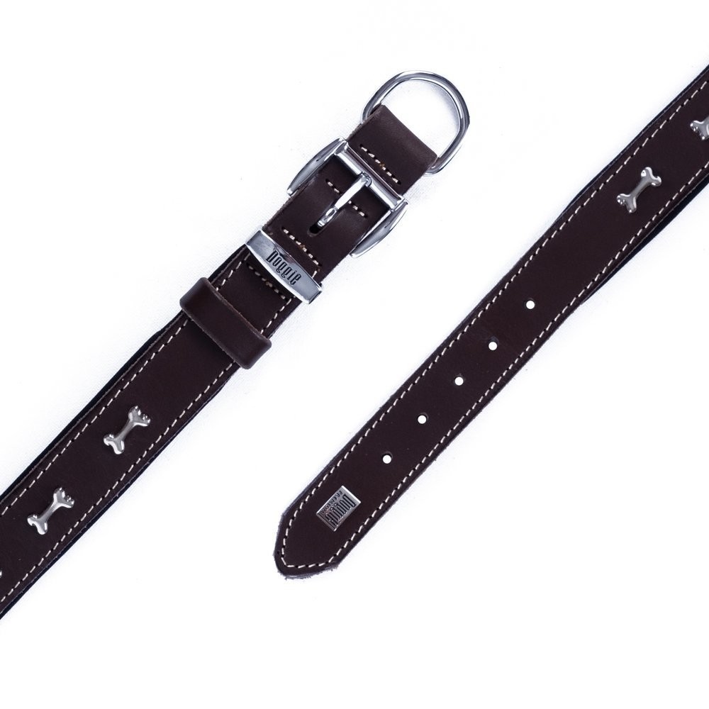 Doggie Konforlu Gerçek Deriden El Yapımı Kemik Süslü Köpek Boyun Tasması 3.5x47-55 Cm Kahverengi