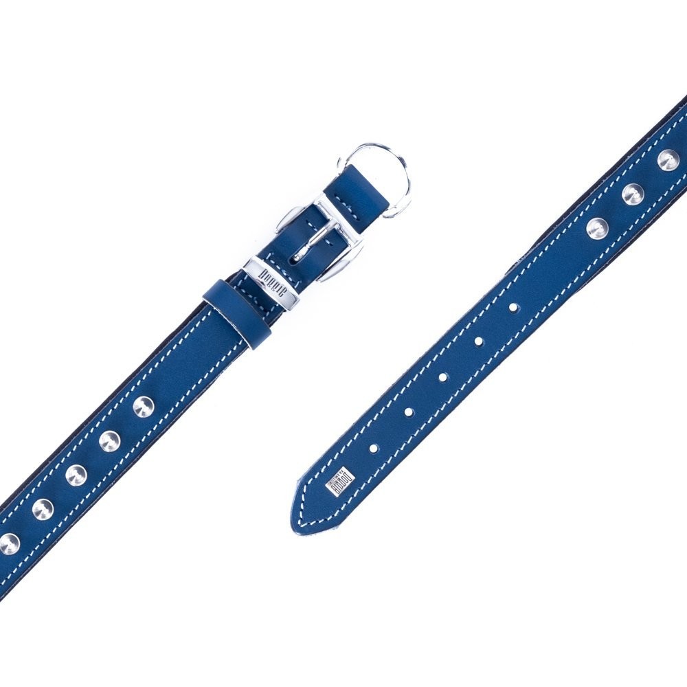 Doggie Konforlu Gerçek Deriden El Yapımı Çivili Köpek Boyun Tasması 2x30-35 Cm Royal Mavi