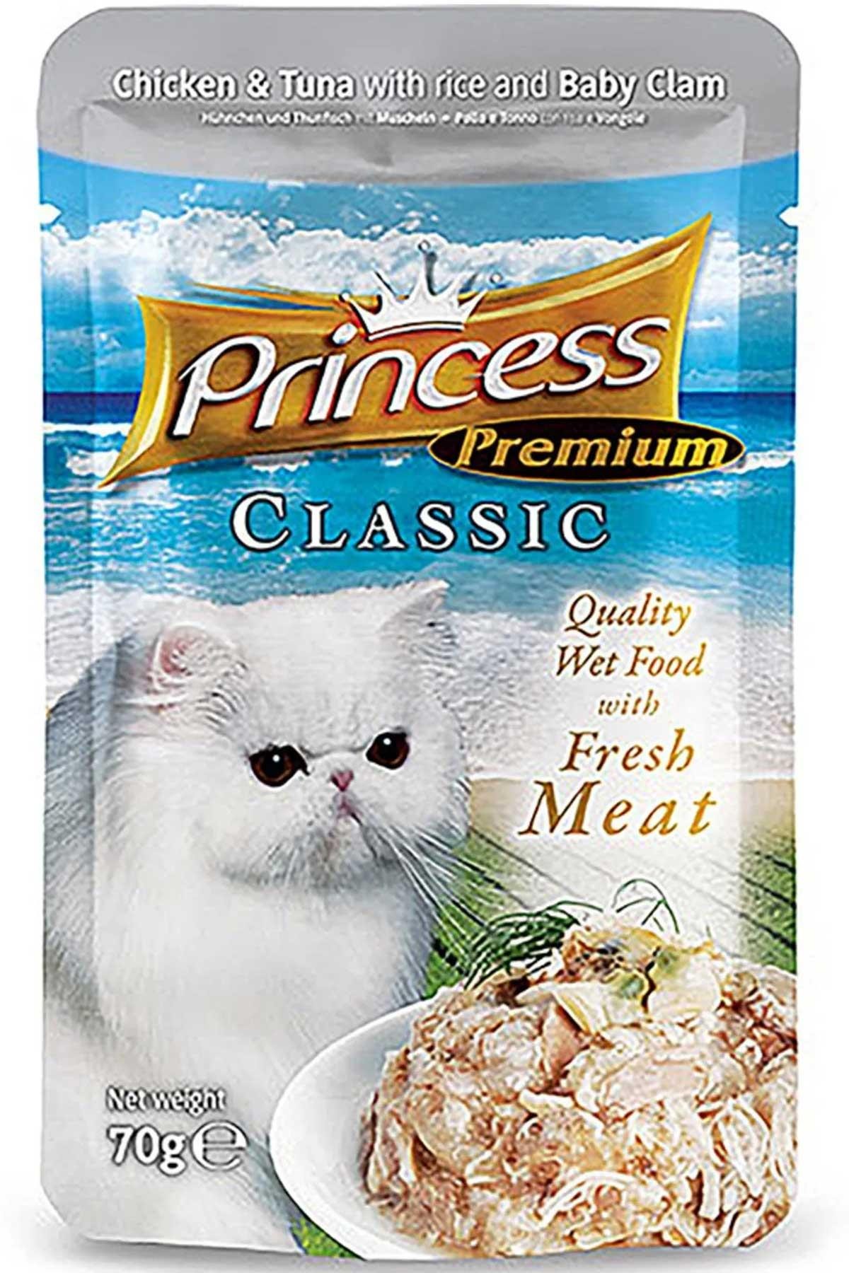 Princess Classic Pouch Tavuk Etli Ton Balıklı İstiridyeli ve Pirinçli Yetişkin Kedi Konservesi 70 Gr