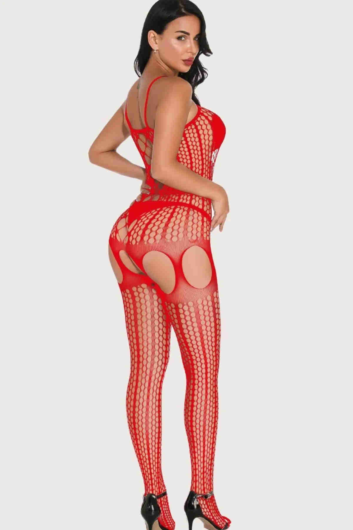 Seksi Özel Bölgesi Açık Jartiyer Görünümlü File Vücut Çorabı Kırmızı detay