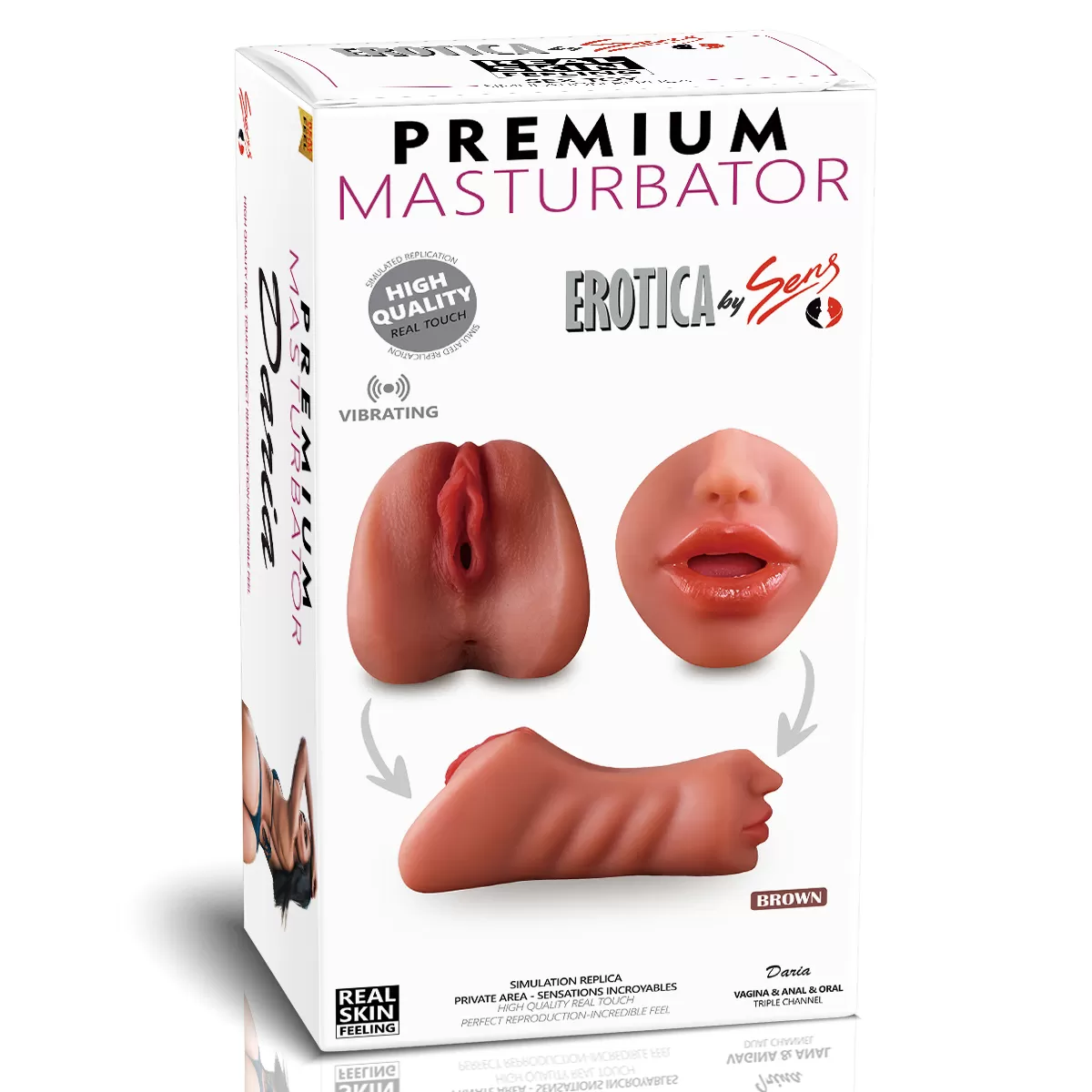 Daria - Realistik Doku Oral Anal Vajinal 3 in 1 Titreşimli Suni Vajina Mastürbatör 18 CM detay